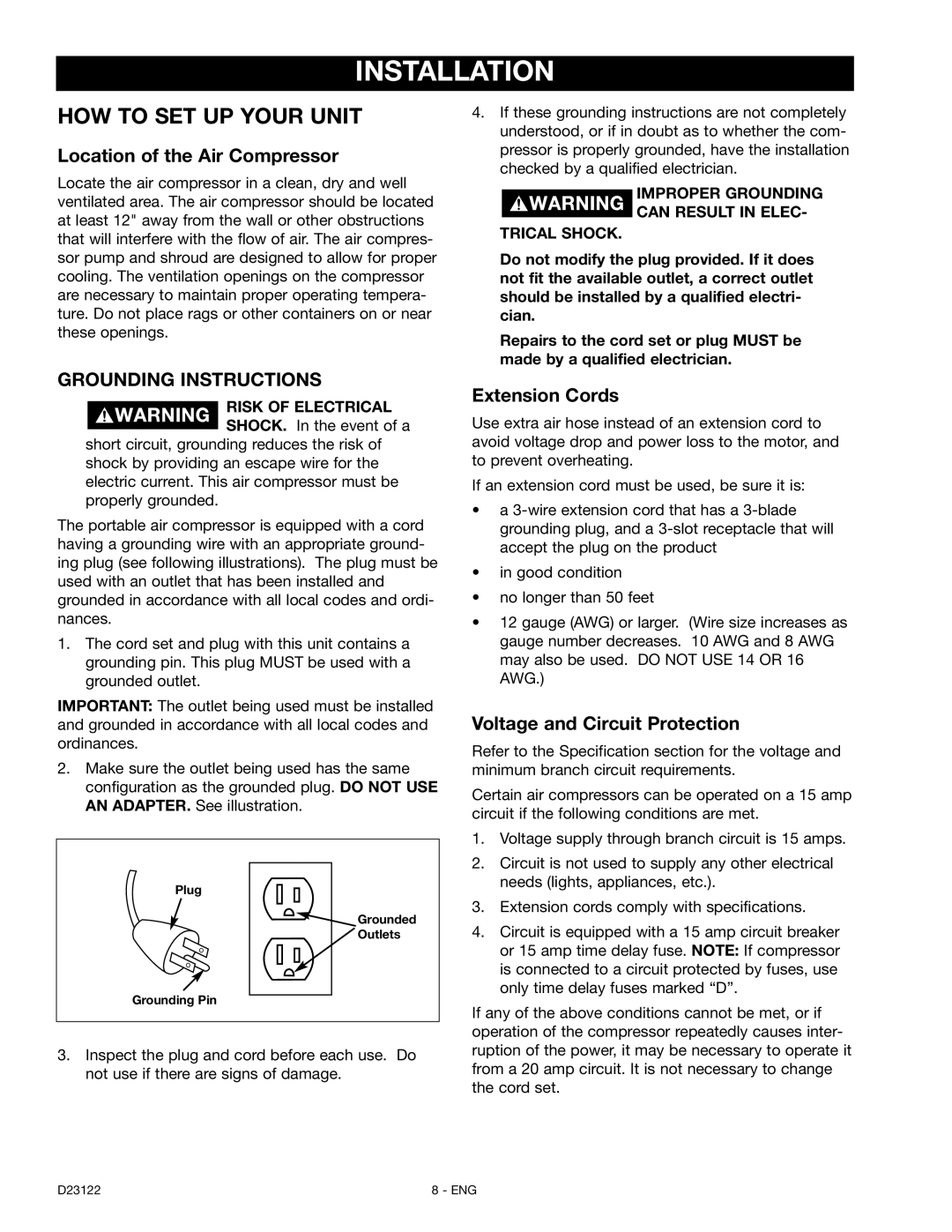 Craftsman 919.72755 owner manual Installation, Location of the Air Compressor, Grounding Instructions, Extension Cords 