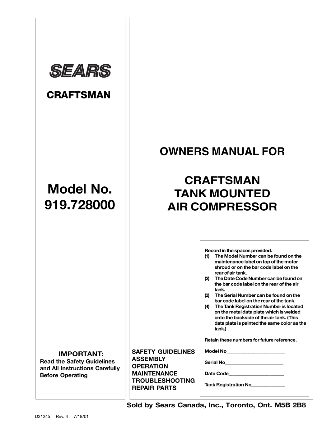 Craftsman D21245, 919.728000 owner manual Model No, Sold by Sears Canada, Inc., Toronto, Ont. M5B 2B8 