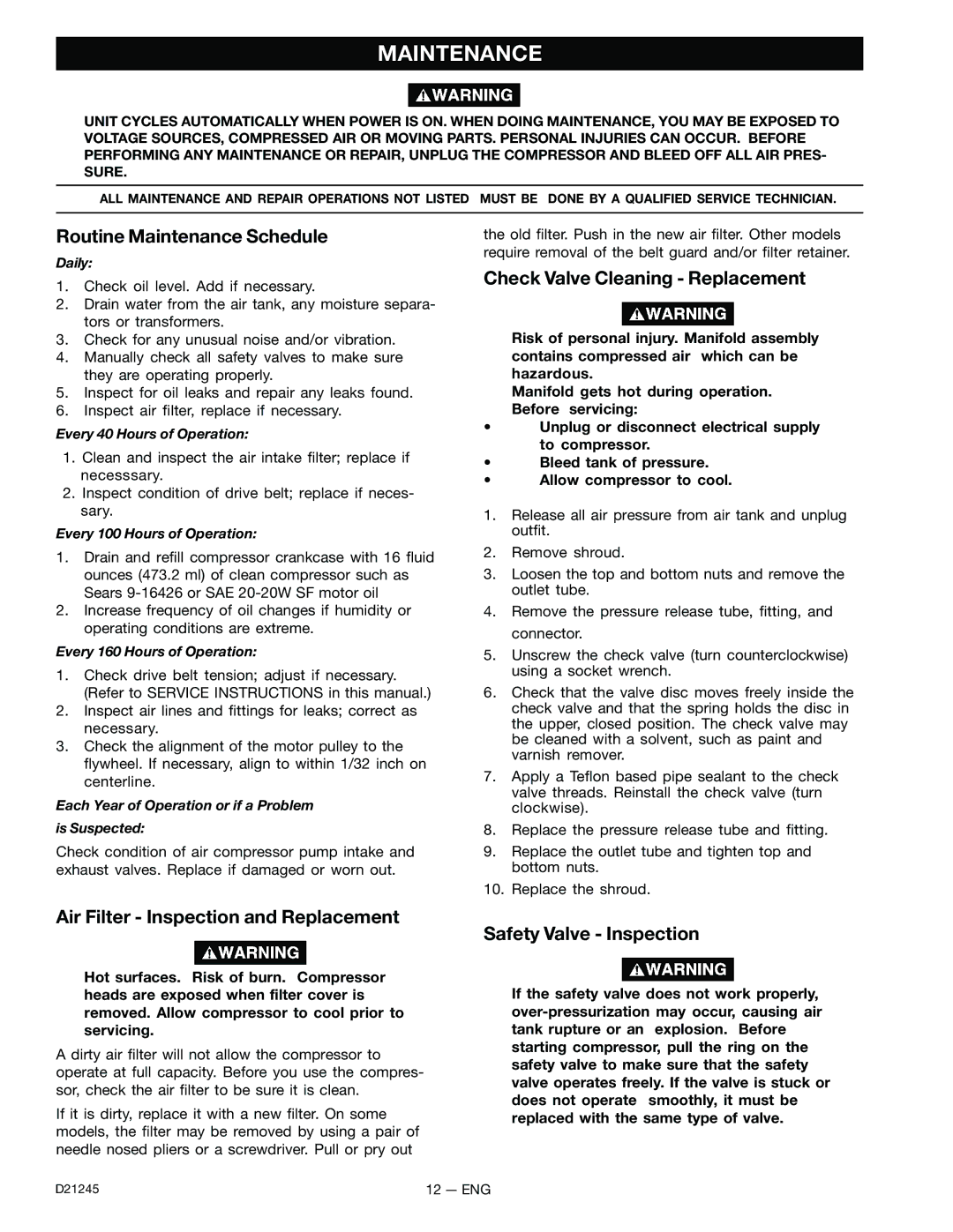 Craftsman 919.728000, D21245 owner manual Routine Maintenance Schedule, Check Valve Cleaning Replacement 