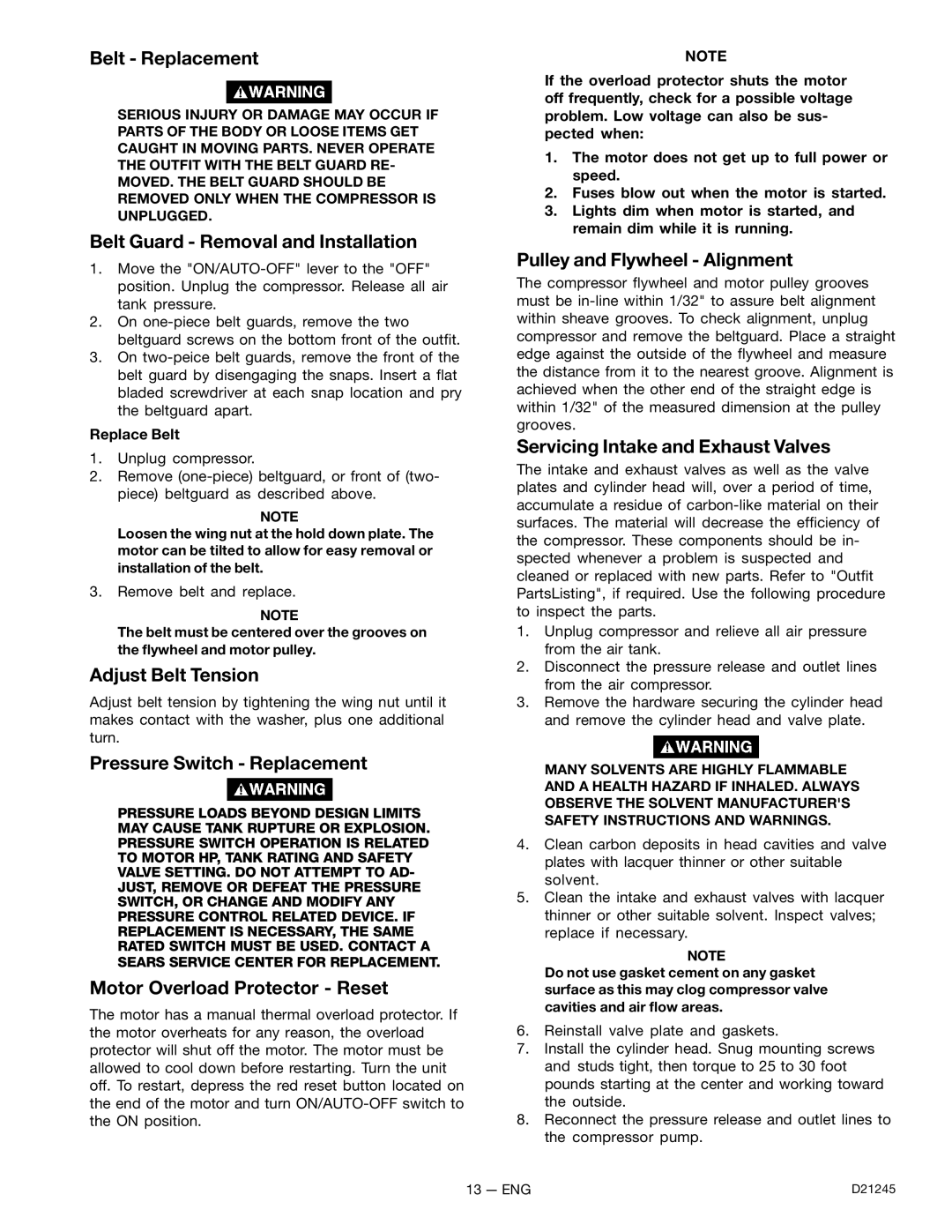 Craftsman D21245 Belt Replacement, Belt Guard Removal and Installation, Adjust Belt Tension, Pressure Switch Replacement 