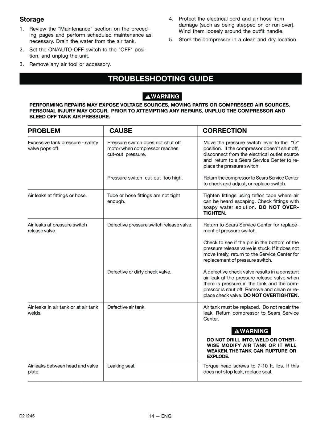 Craftsman 919.728000, D21245 owner manual Troubleshooting Guide, Storage, Problem Cause Correction, Tighten 