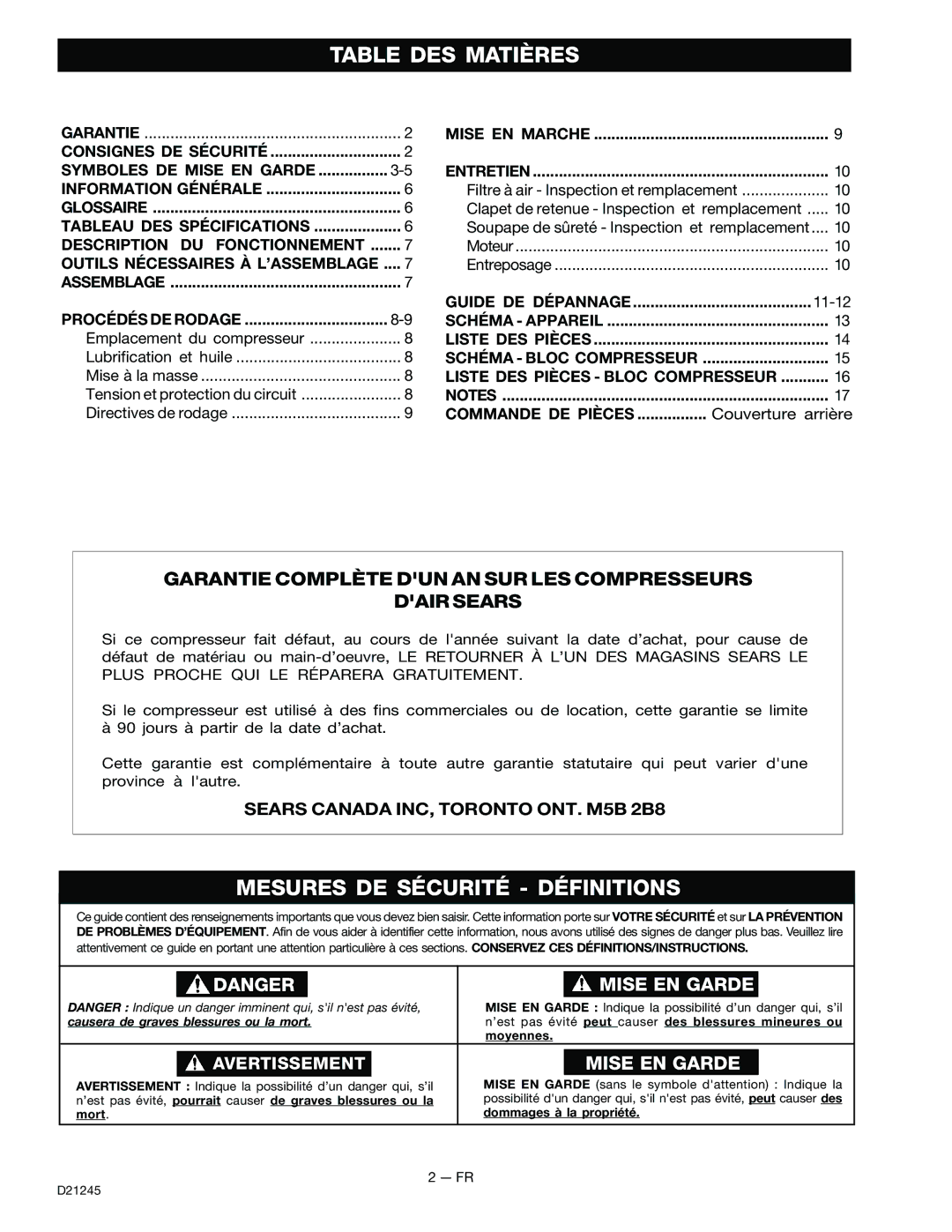 Craftsman D21245, 919.728000 owner manual Table DES Matières, Mesures DE Sécurité Définitions 