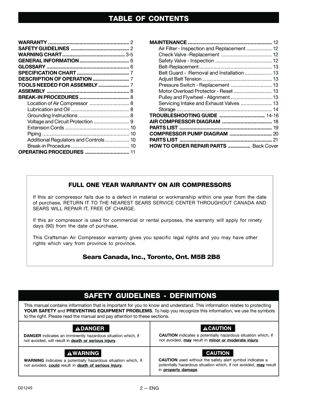 Craftsman 919.728000, D21245 owner manual Table of Contents, Safety Guidelines Definitions 