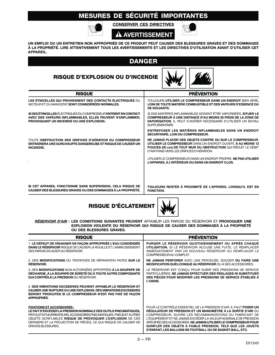 Craftsman 919.728000 Mesures DE Sécurité Importantes, Avertissement, Risque D’EXPLOSION OU D’INCENDIE, Risque D’ÉCLATEMENT 