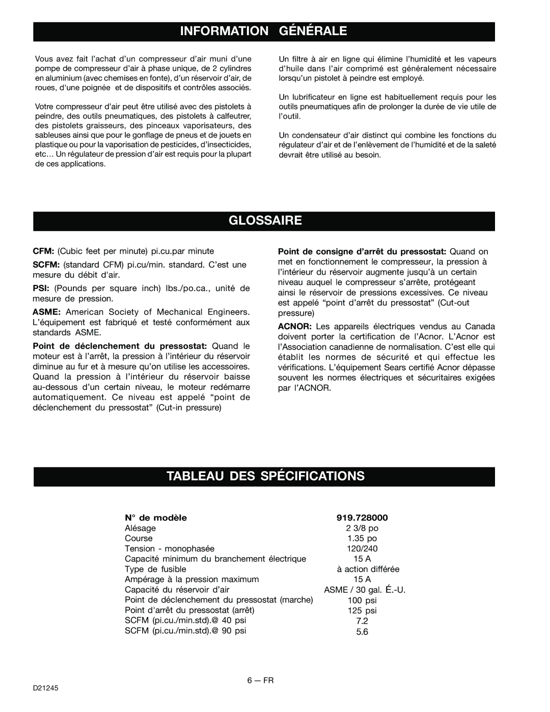 Craftsman D21245 owner manual Information Générale, Glossaire, Tableau DES Spécifications, De modèle 919.728000 