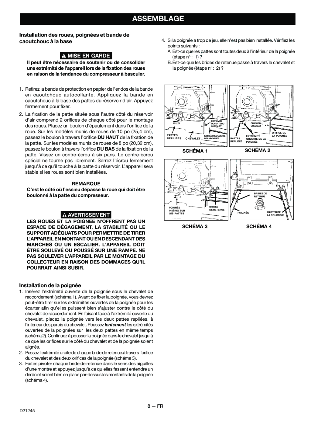 Craftsman D21245, 919.728000 owner manual Assemblage, Installation de la poignée, Remarque, Schéma 