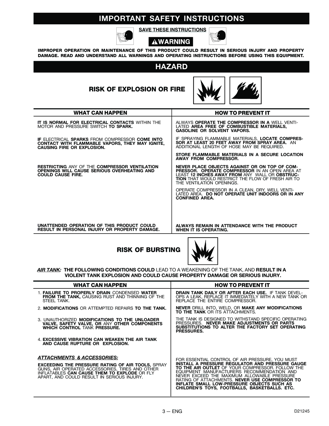 Craftsman D21245, 919.728000 owner manual Important Safety Instructions, Hazard, Risk of Explosion or Fire, Risk of Bursting 