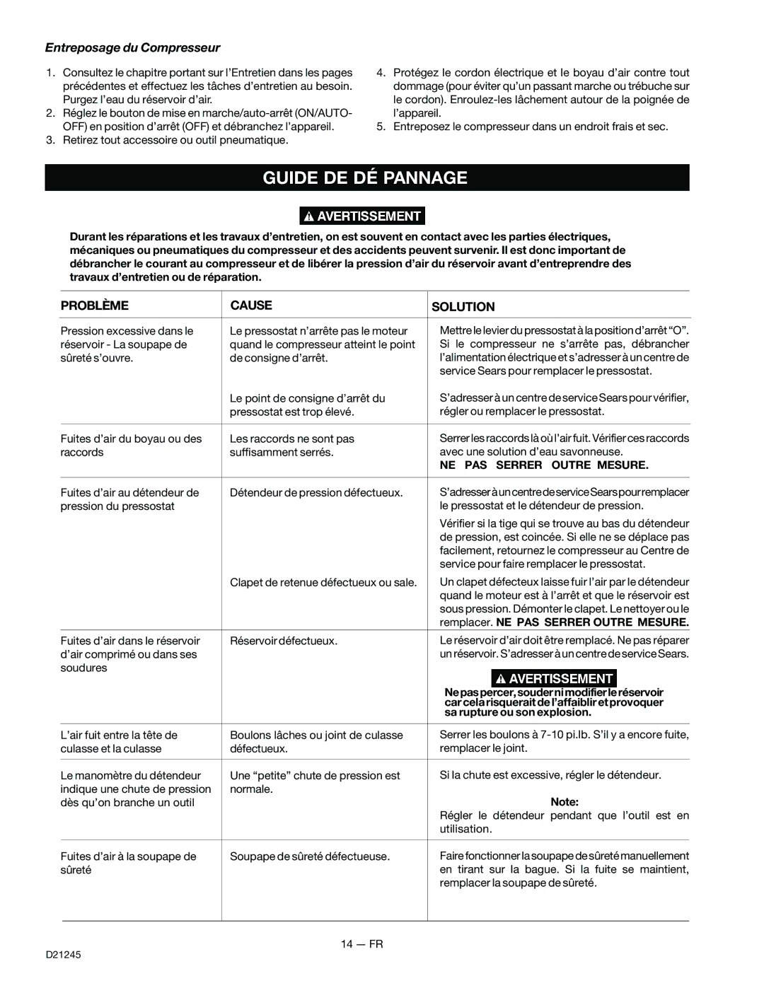 Craftsman D21245, 919.728000 owner manual Guide DE DÉ Pannage, Problème Cause Solution, NE PAS Serrer Outre Mesure 