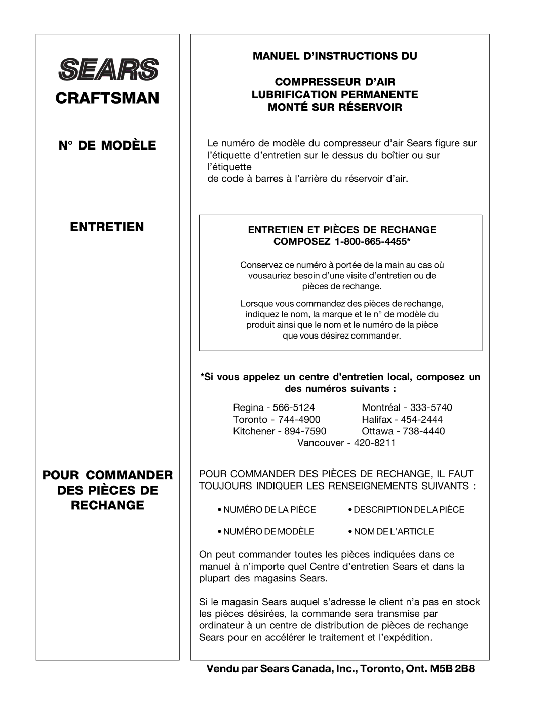 Craftsman 919.728000, D21245 owner manual DE Modèle Entretien Pour Commander DES Pièces DE Rechange 