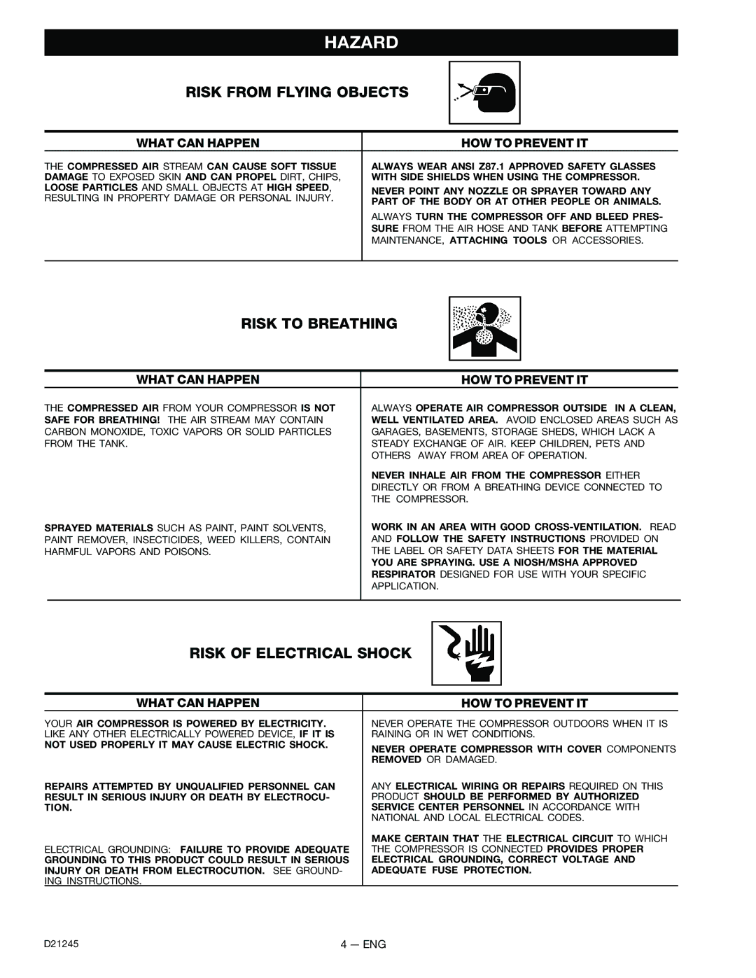 Craftsman 919.728000, D21245 owner manual Risk from Flying Objects, Risk to Breathing, Risk of Electrical Shock 