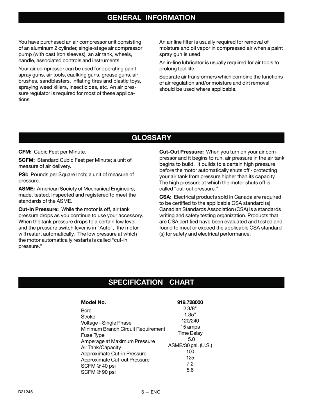 Craftsman 919.728000, D21245 owner manual General Information, Glossary, Specification Chart, Model No 