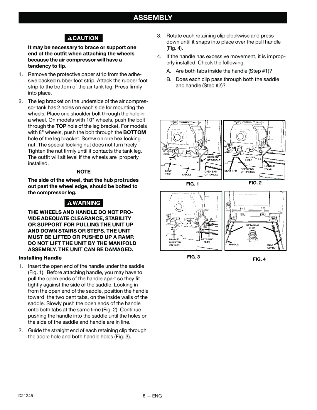 Craftsman 919.728000, D21245 owner manual Assembly, Installing Handle 