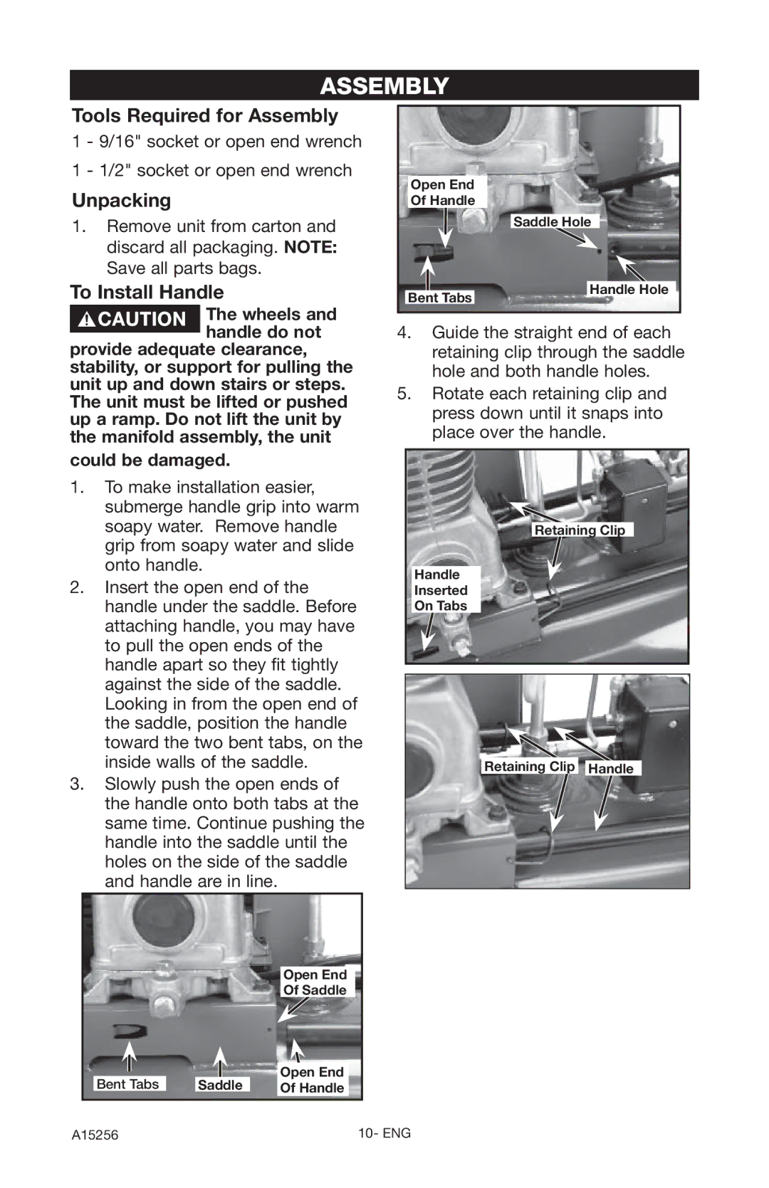 Craftsman 919.728001, A15256 owner manual Tools Required for Assembly, Unpacking, To Install Handle 