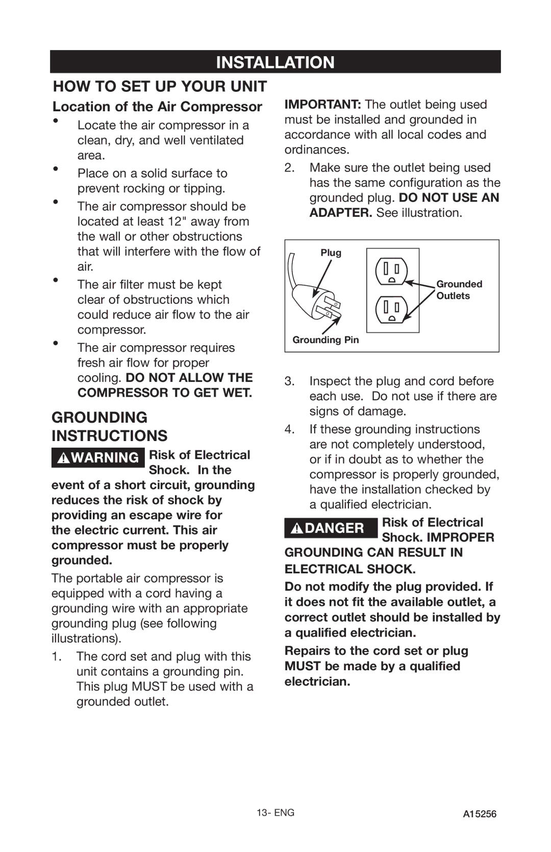 Craftsman A15256, 919.728001 owner manual Installation, Location of the Air Compressor, Risk of Electrical Shock. Improper 