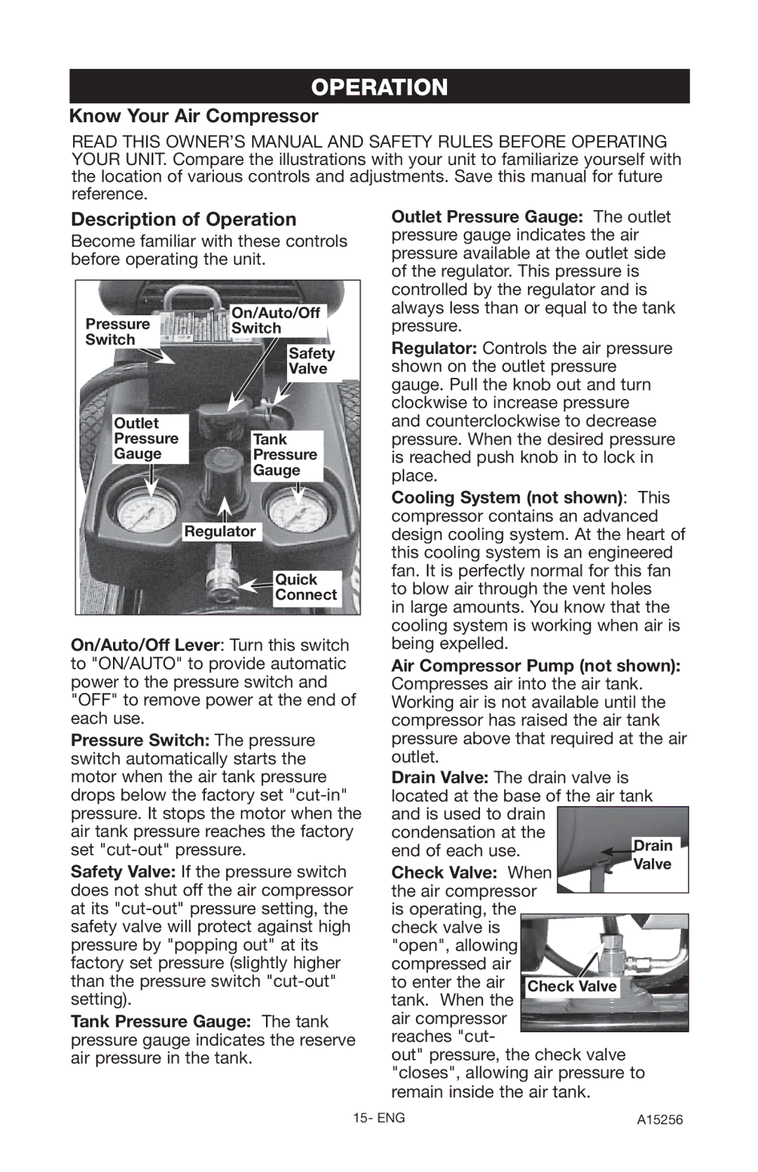 Craftsman A15256, 919.728001 owner manual Know Your Air Compressor Description of Operation 