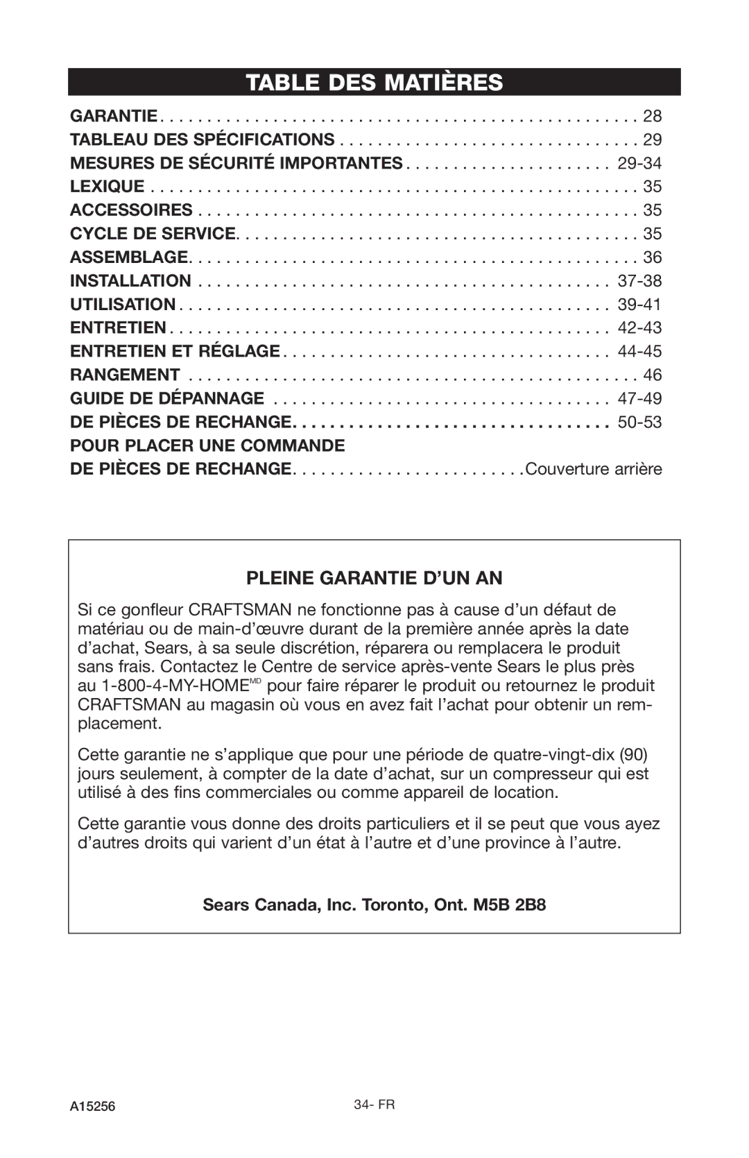 Craftsman A15256, 919.728001 owner manual Table DES Matières, Pleine Garantie D’UN AN 