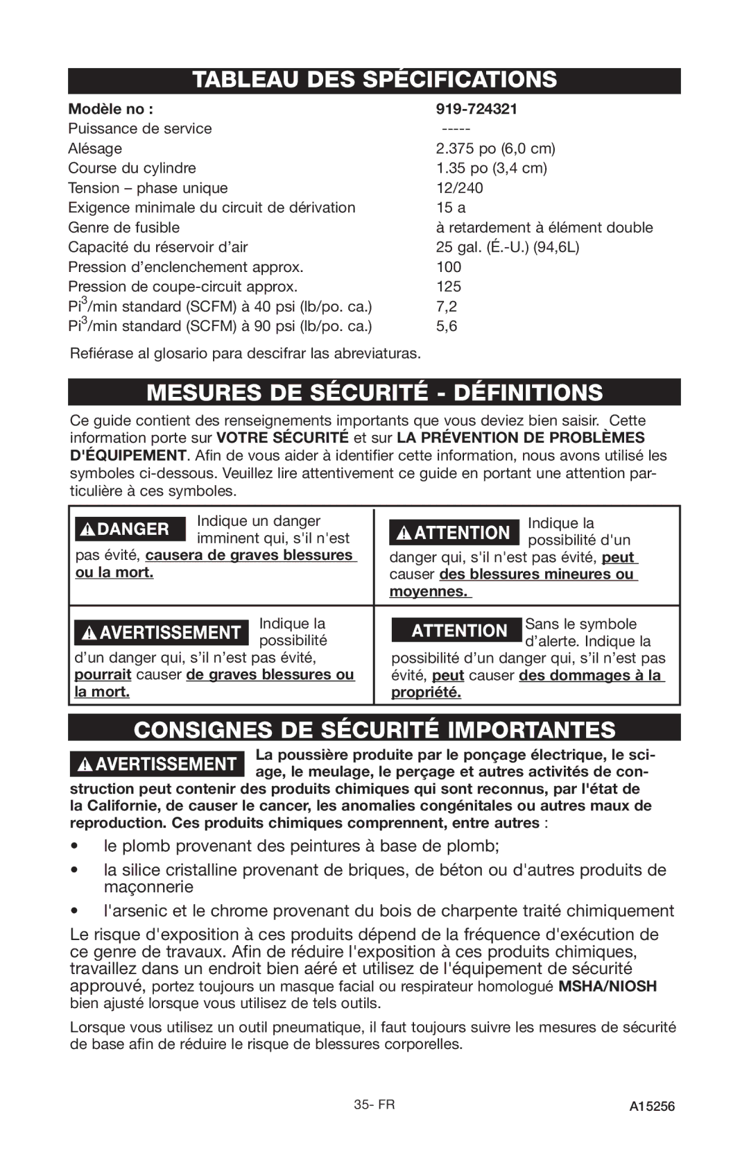 Craftsman 919.728001 Tableau DES Spécifications, Mesures DE Sécurité Définitions, Consignes DE Sécurité Importantes 