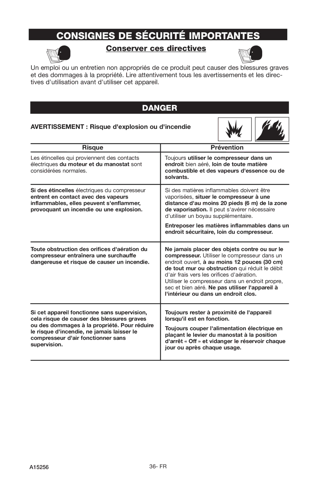 Craftsman A15256, 919.728001 owner manual Conserver ces directives, Avertissement Risque dexplosion ou dincendie Prévention 