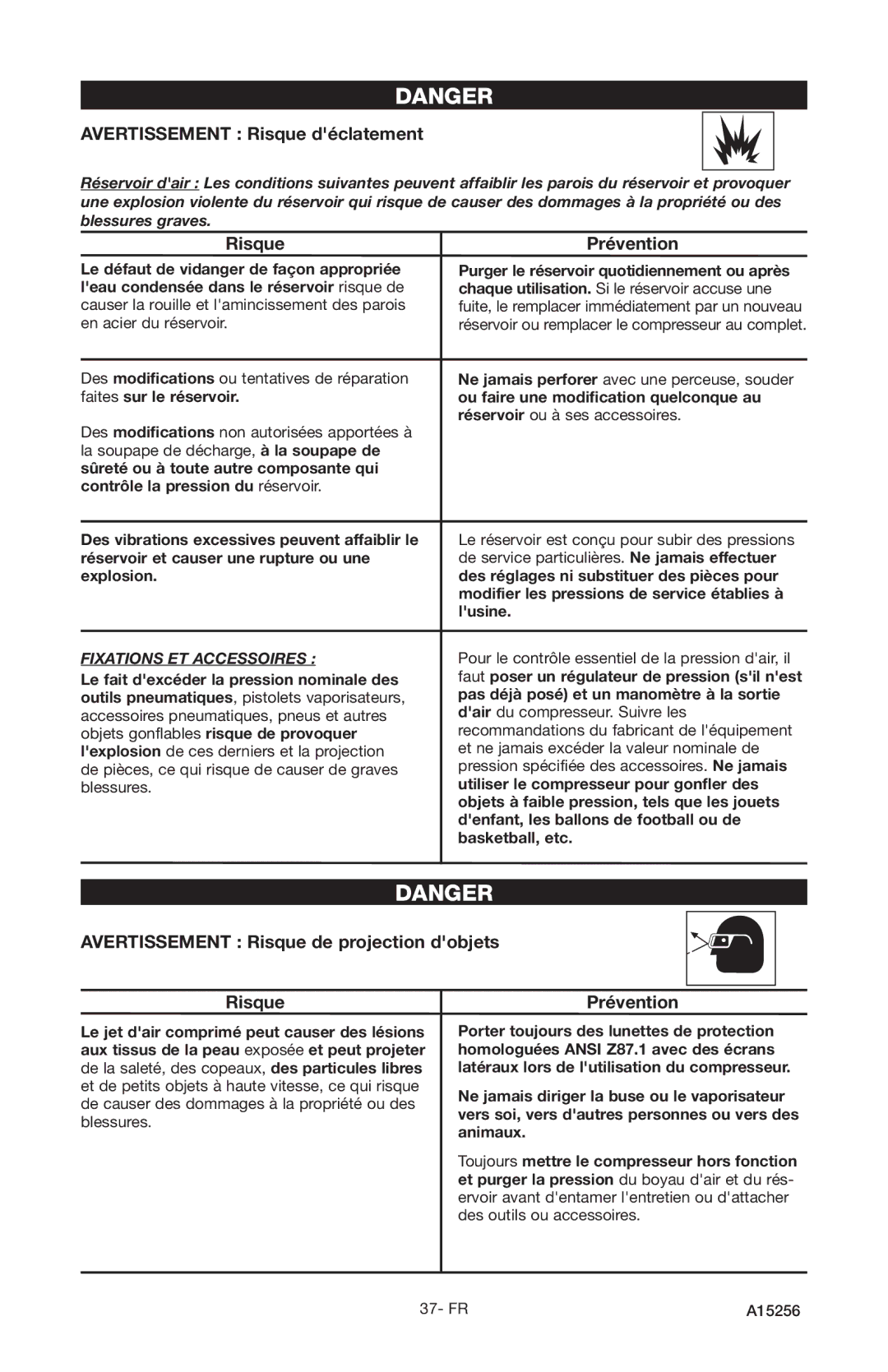 Craftsman 919.728001 Avertissement Risque déclatement, Risque Prévention, Avertissement Risque de projection dobjets 