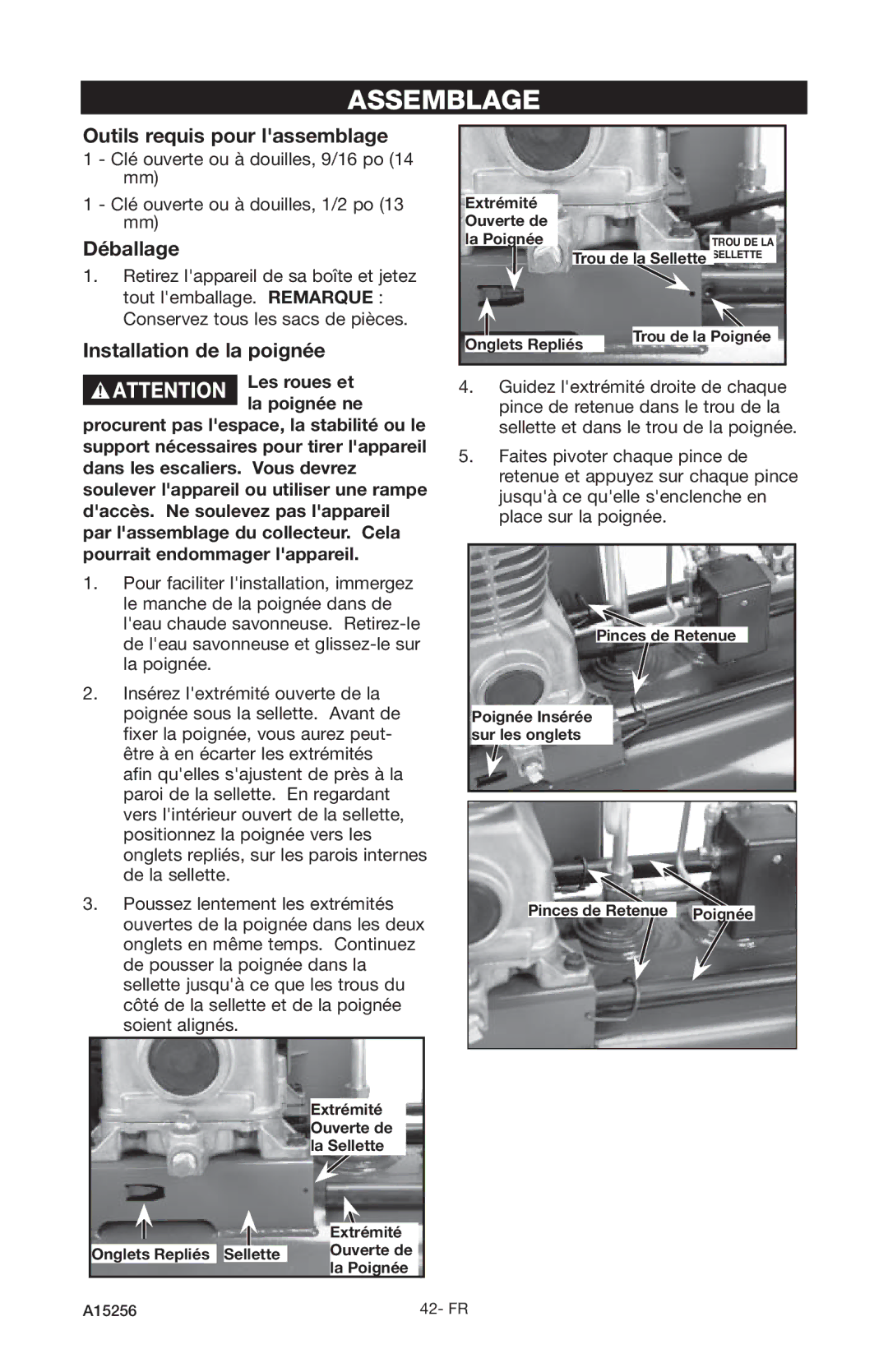 Craftsman A15256, 919.728001 owner manual Assemblage, Outils requis pour lassemblage, Déballage, Installation de la poignée 