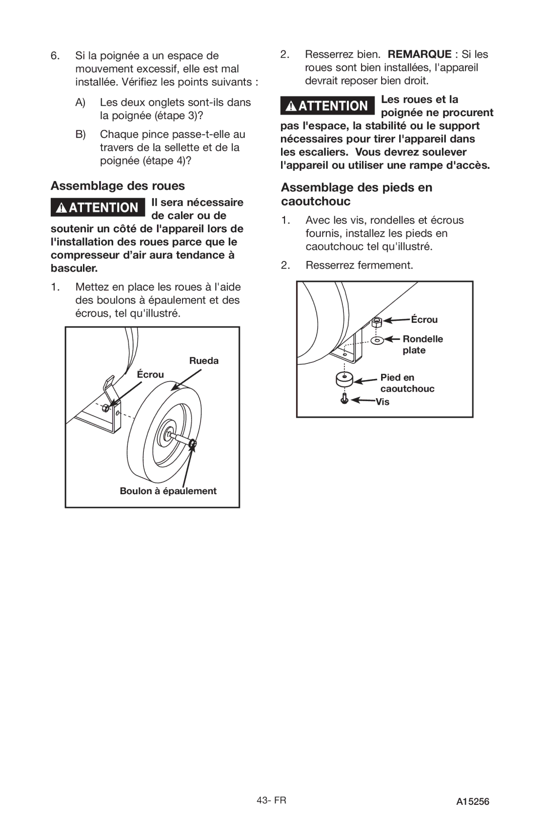 Craftsman 919.728001, A15256 owner manual Assemblage des roues, Assemblage des pieds en caoutchouc 