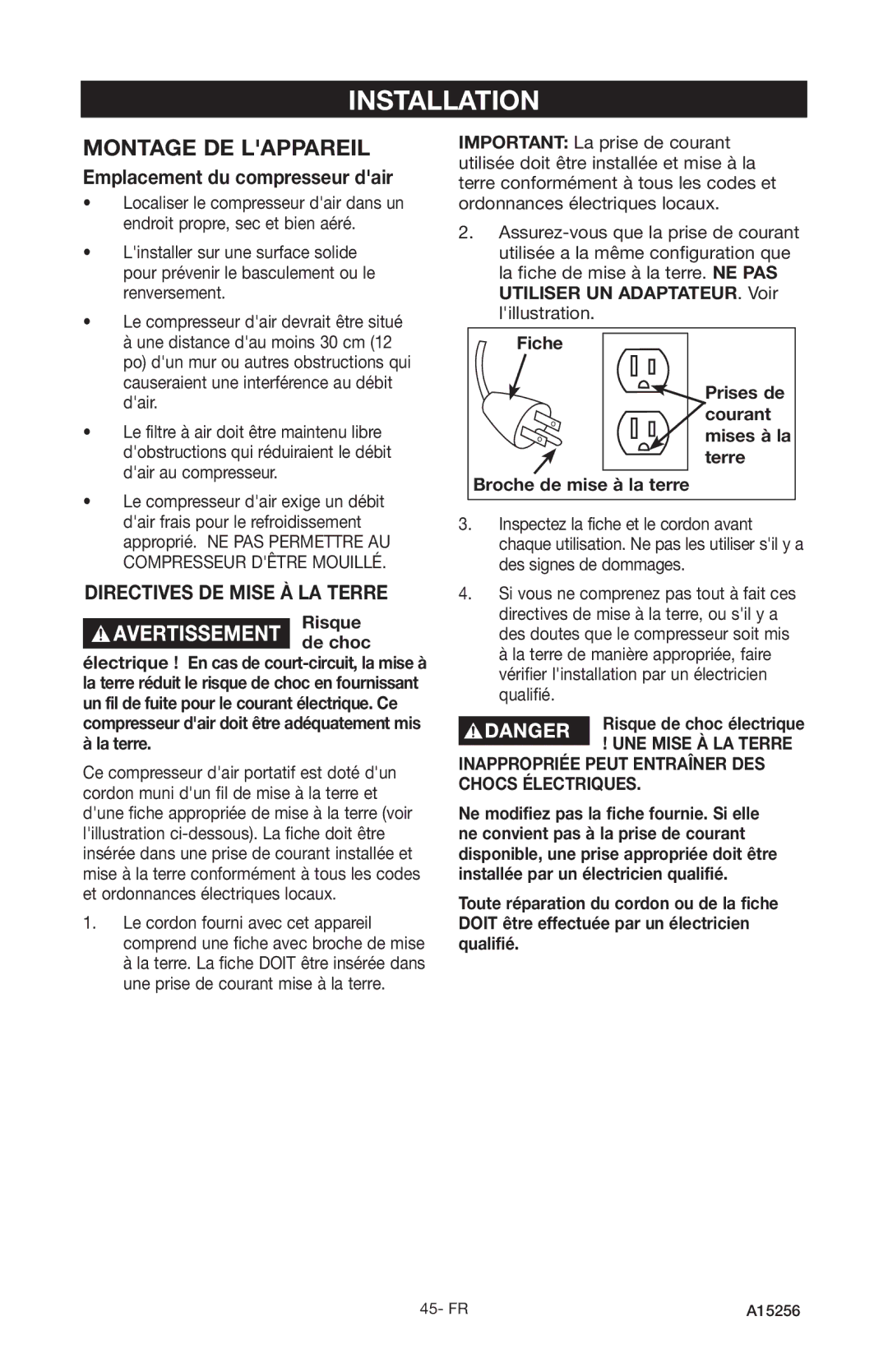 Craftsman 919.728001, A15256 owner manual Emplacement du compresseur dair, Risque de choc électrique 