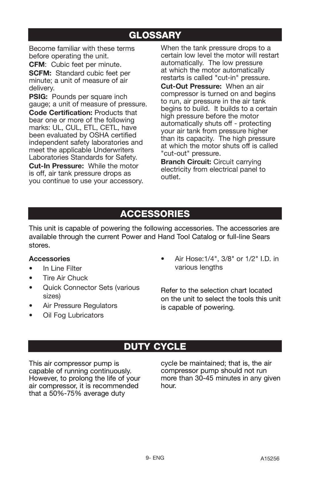 Craftsman A15256, 919.728001 owner manual Glossary, Accessories, Duty Cycle 