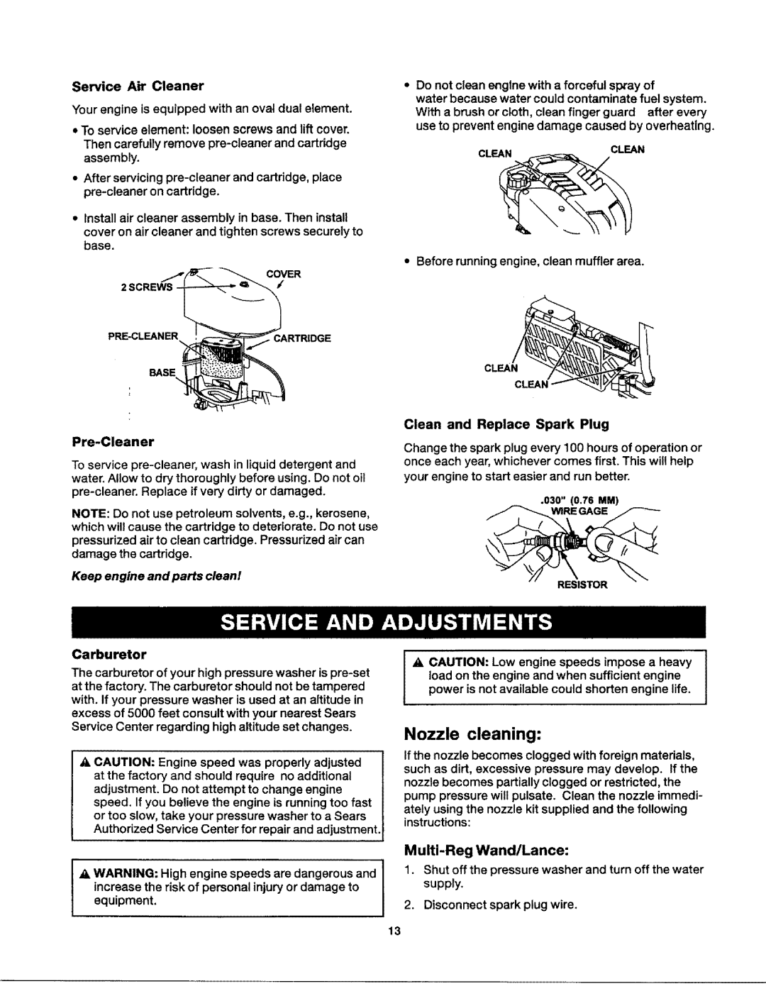 Craftsman 919.76235 owner manual Service Air Cleaner, Pre-Cleaner, Carburetor, Multi-Reg Wand/Lance 