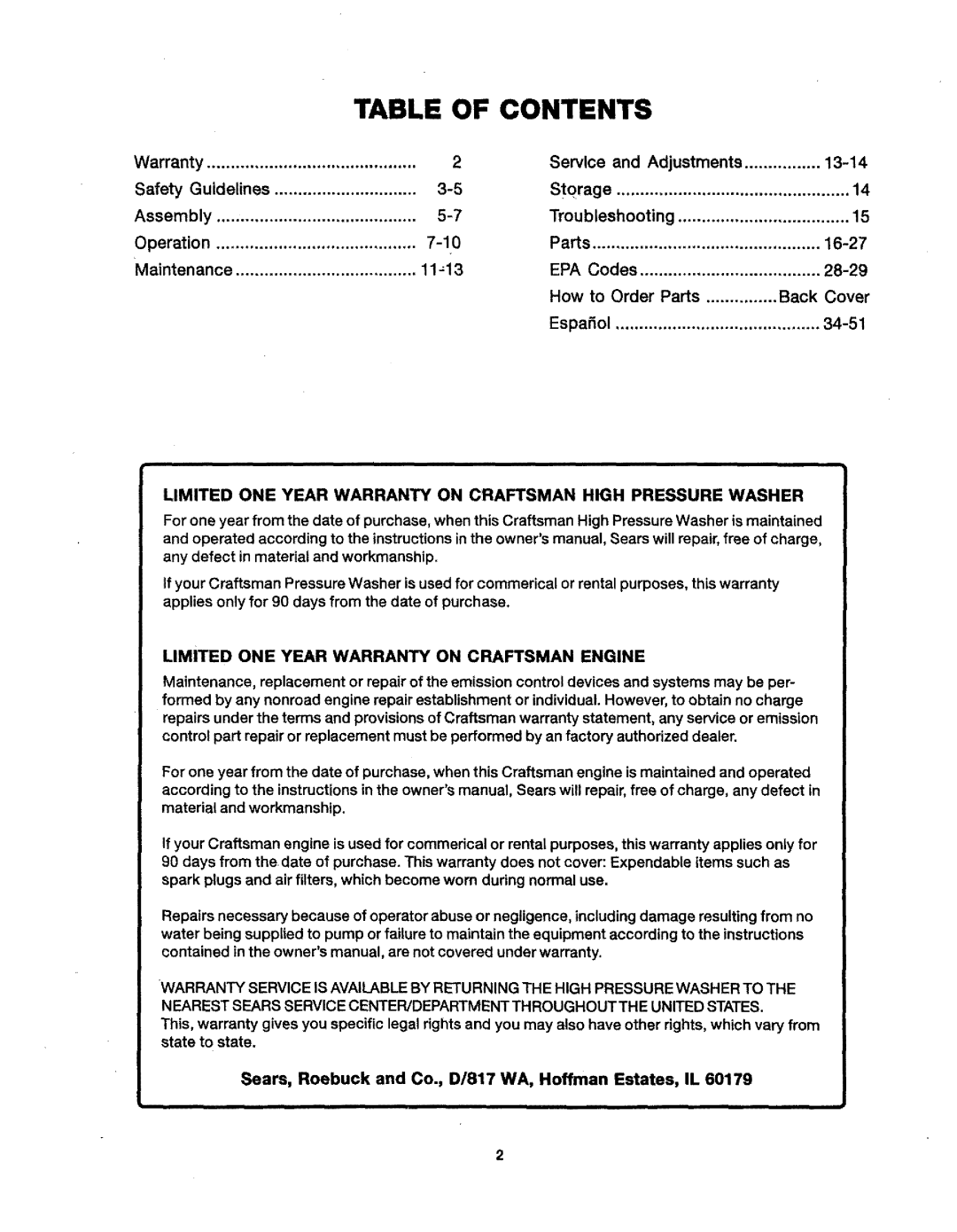 Craftsman 919.76235 owner manual Table of Contents 