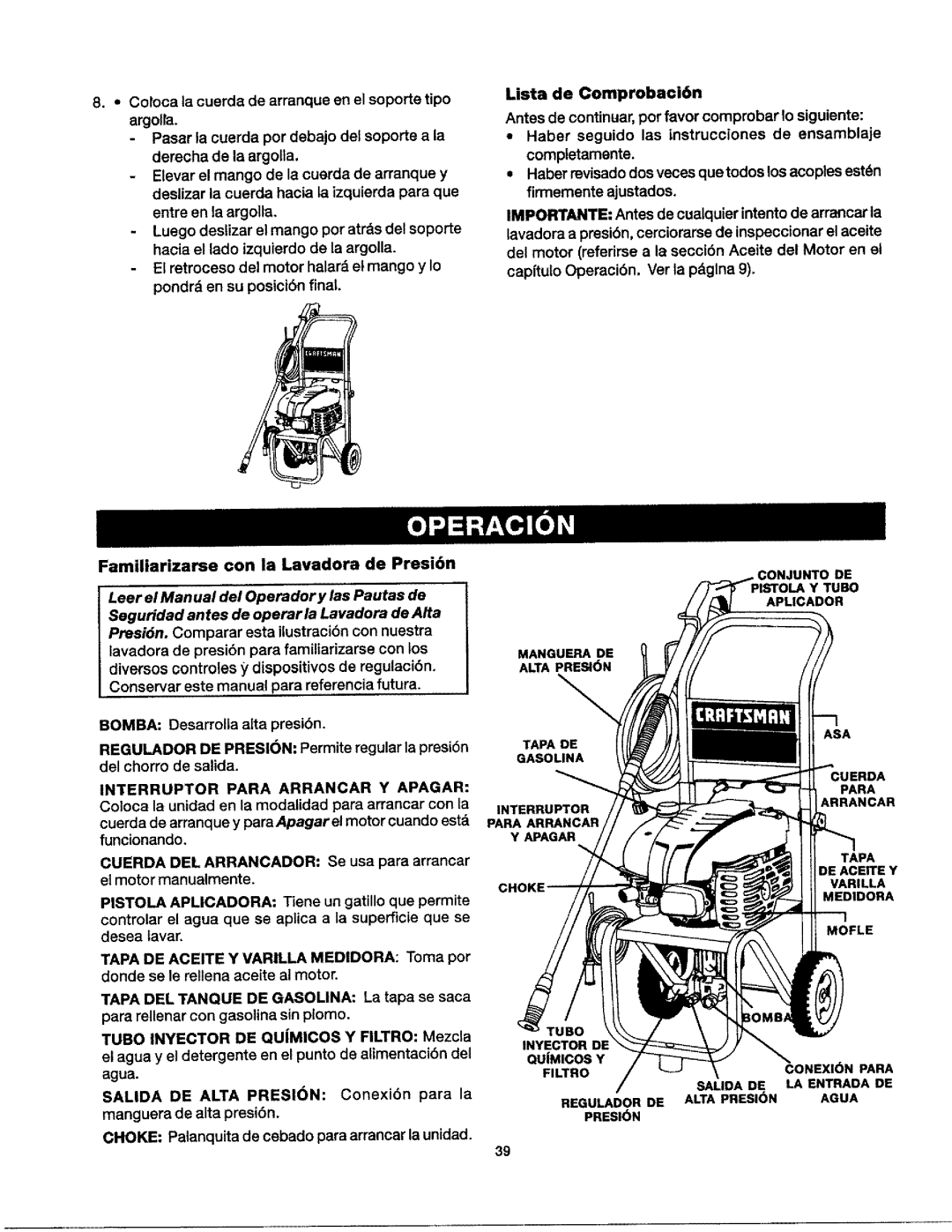 Craftsman 919.76235 owner manual Choke Palanquita de cebado para arrancar la unidad, Interruptor Para 