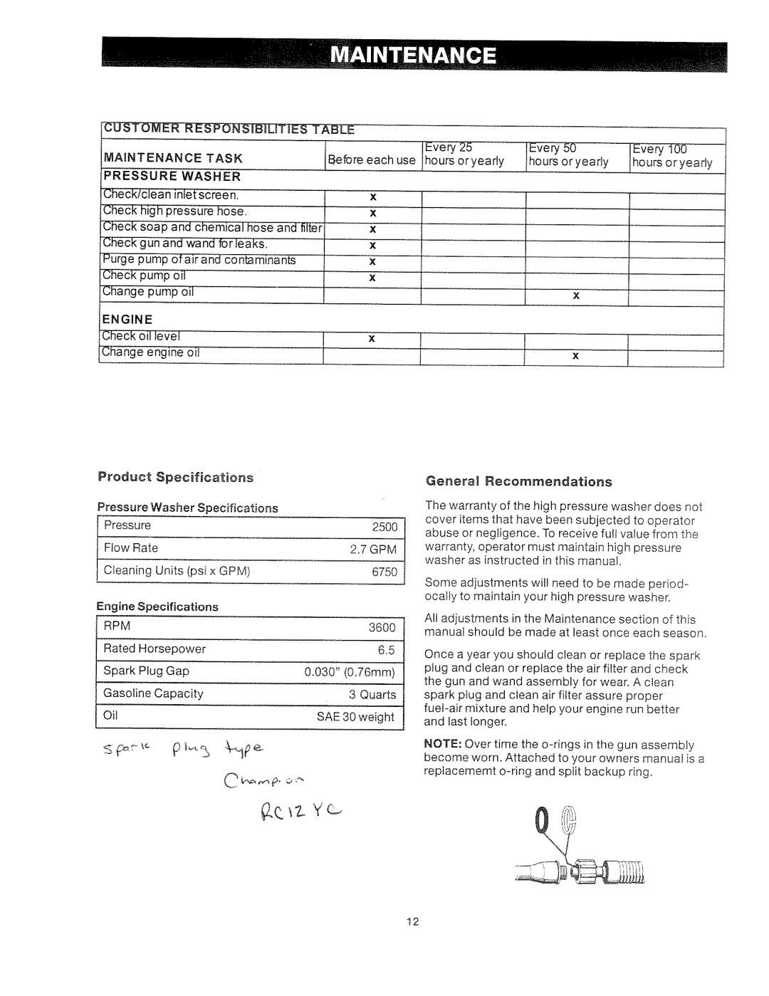 Craftsman 919.762500 manual Maintenance Task, Engine, Product, Specifications 