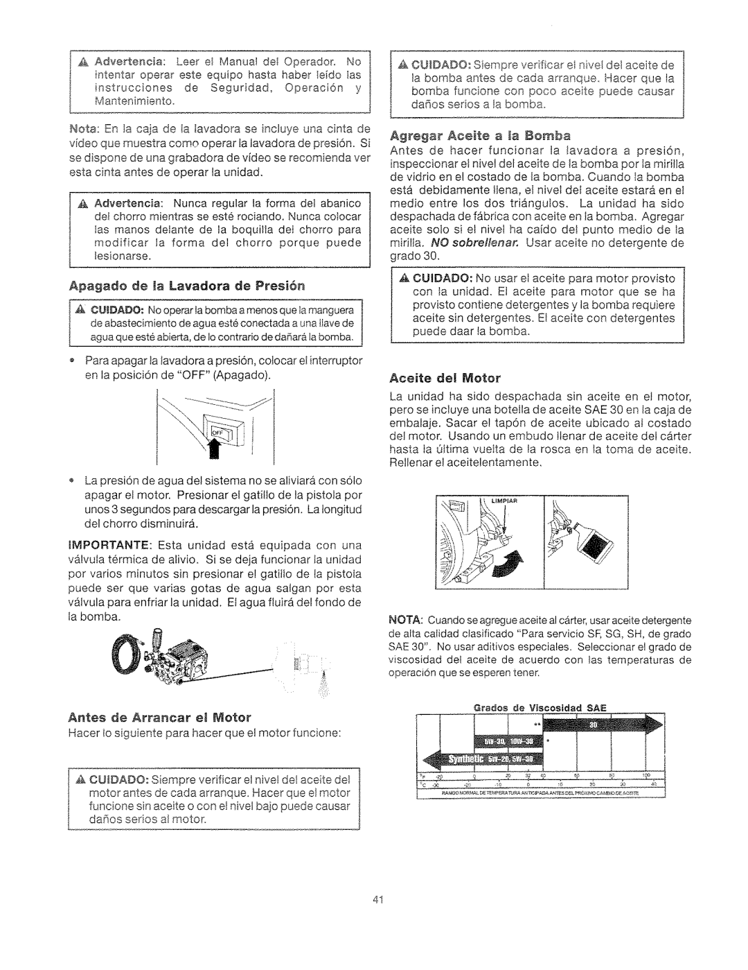 Craftsman 919.762500 manual Apagade de la Lavadera de Presi6n, Aceite del Motor, Grados de Vscosidad SAiE 