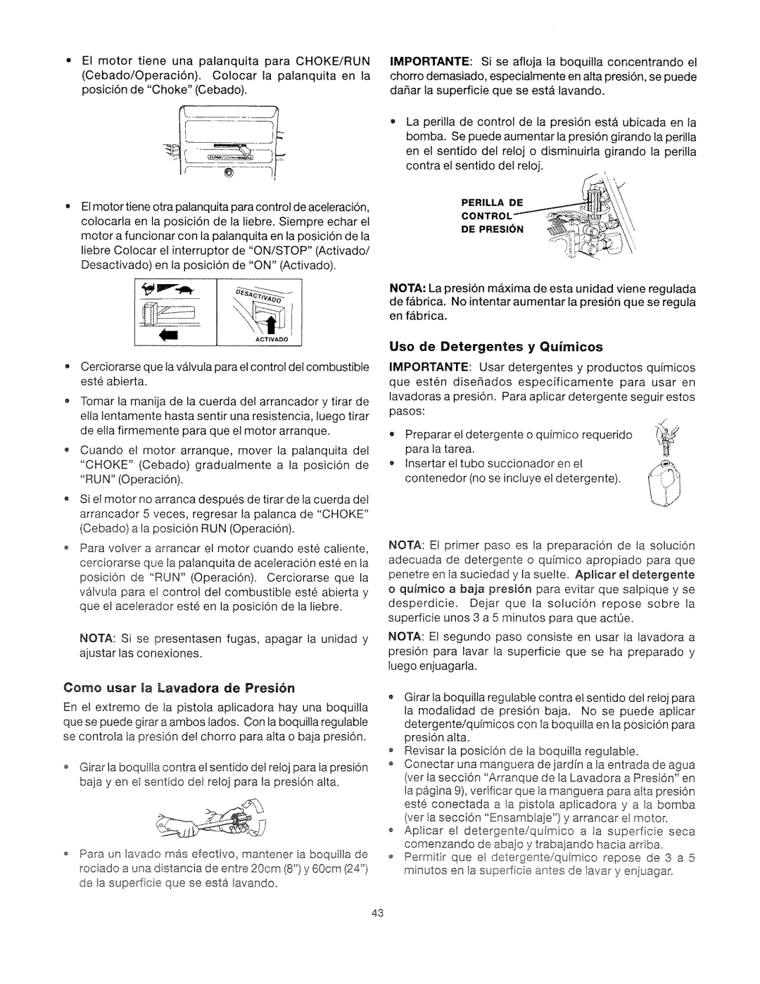 Craftsman 919.762500 manual Uso de Detergentes y Quimicos, Como usar Ja Lavadora de Presi6n, Perilla DE Control DE Presi 