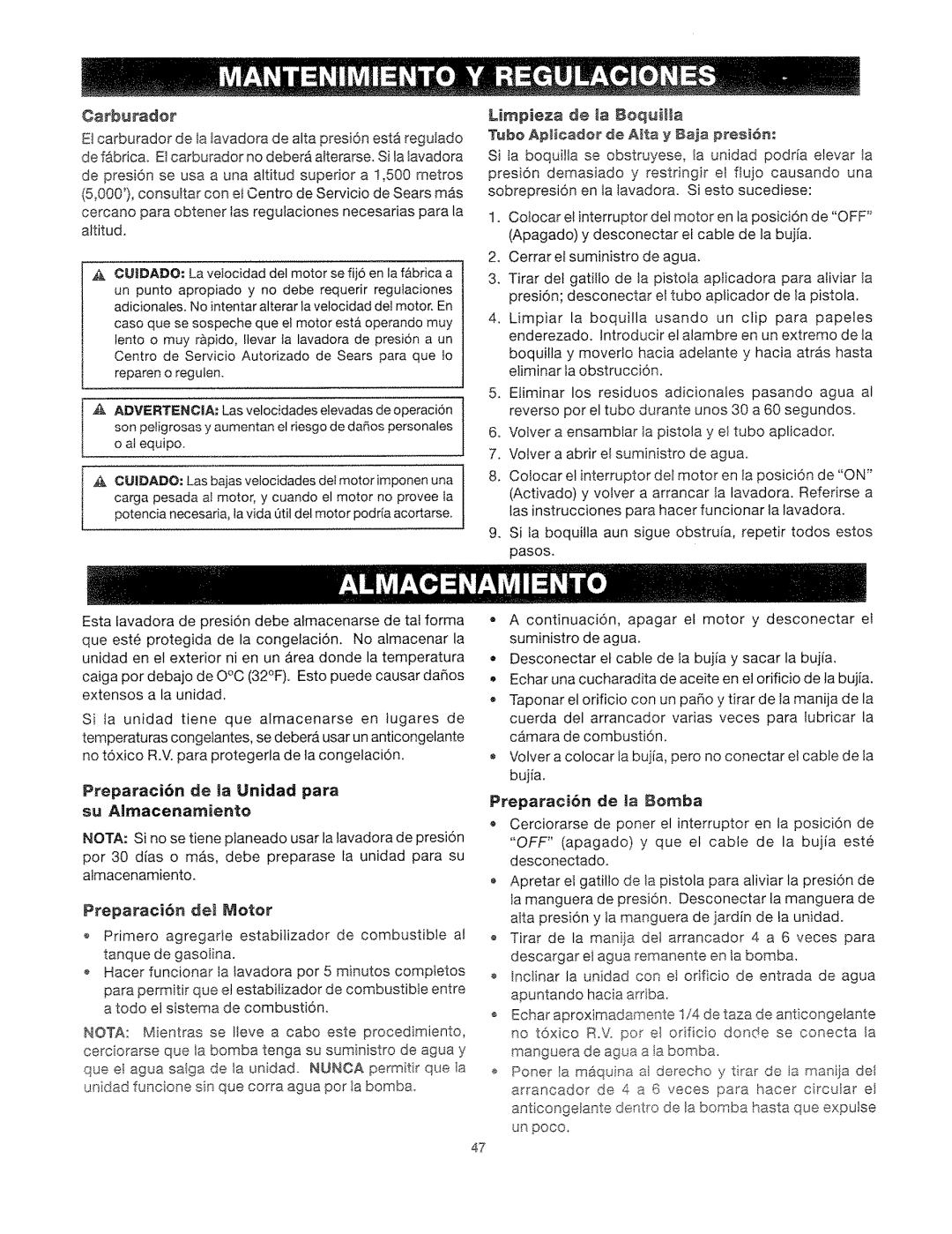 Craftsman 919.762500 manual Carburador, Preparacibn de Ja Unidad pars su Almacenamiento, Preparacibn det Motor 