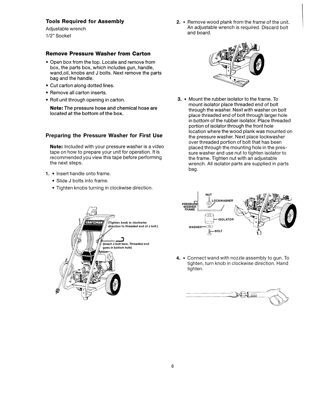 Craftsman 919.762500 manual Tools Required for Assembly, Adjustable wrench Socket, Remove Pressure Washer from Carton 