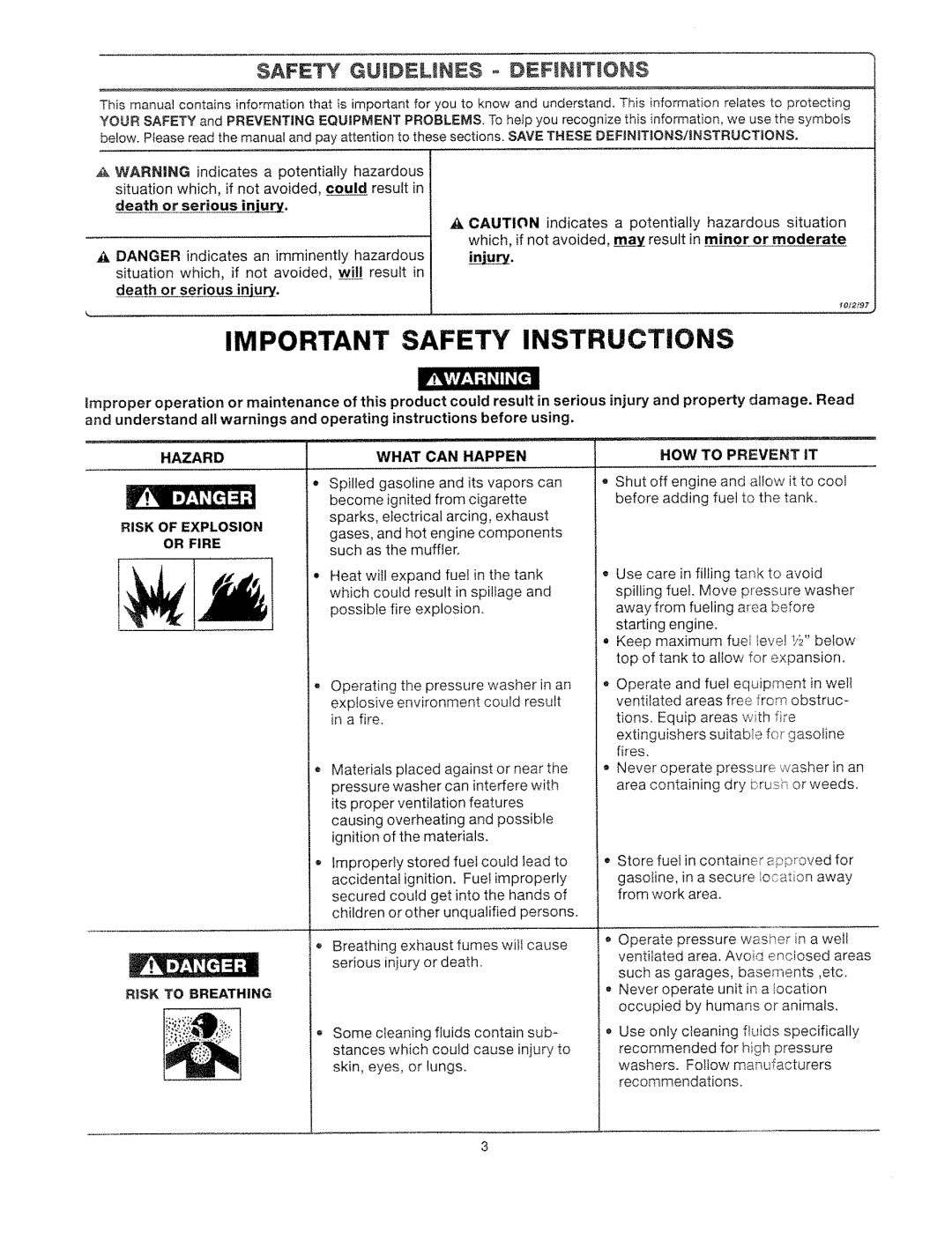 Craftsman 919.762500 manual Important Safety Instructions, Safety Guidelines - Definitions, death or serious inju_ 