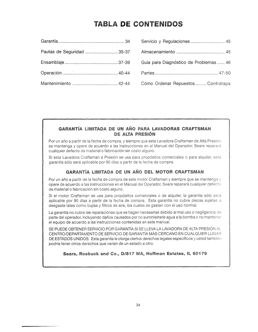 Craftsman 919.762500 manual Tabla De Conten|Do$, DE ALTA PRESJ6N, Garant A Ljp Tada De Un Ano Del Motor Craftsman 
