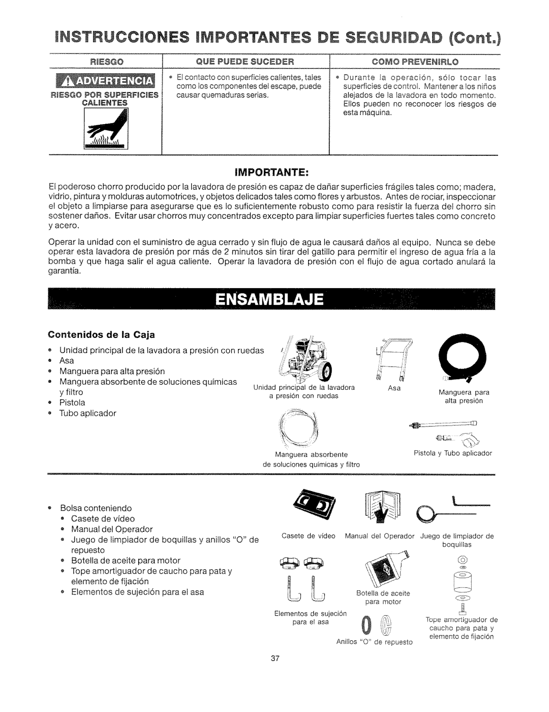 Craftsman 919.762500 manual Riesgo, Contenidos de la Caja 