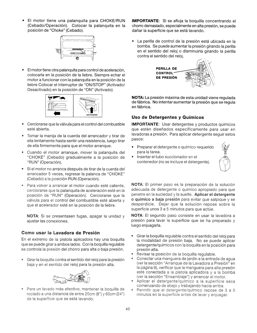 Craftsman 919.762500 manual Uso de Detergentes y Quimicos, Como usar Ja Lavadora de Presi6n 