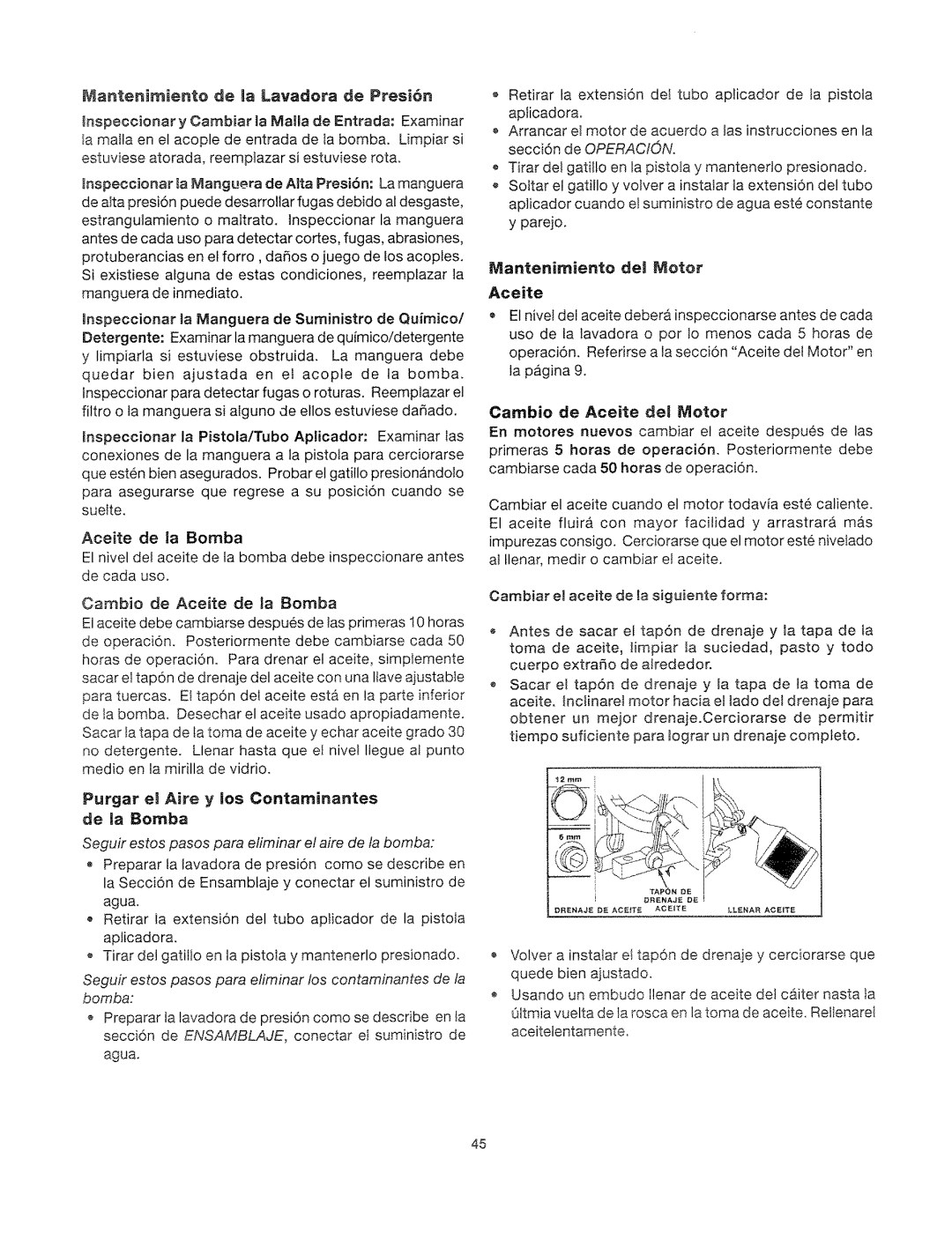 Craftsman 919.762500 manual Purgar et Aire y tos Contarninantes de la Bomba, Mantenirniente del Motor Aceite 