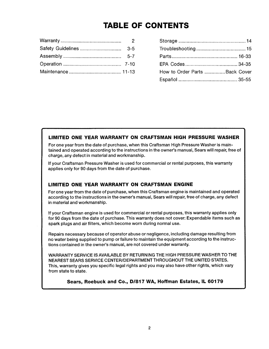 Craftsman 919.763010 owner manual Table of Contents 