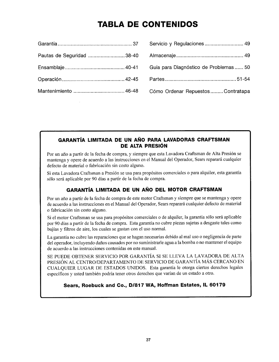 Craftsman 919.763010 owner manual GARANTiA Limitada DE UN Aiio Para Lavadoras Craftsman, DE Alta Presin 