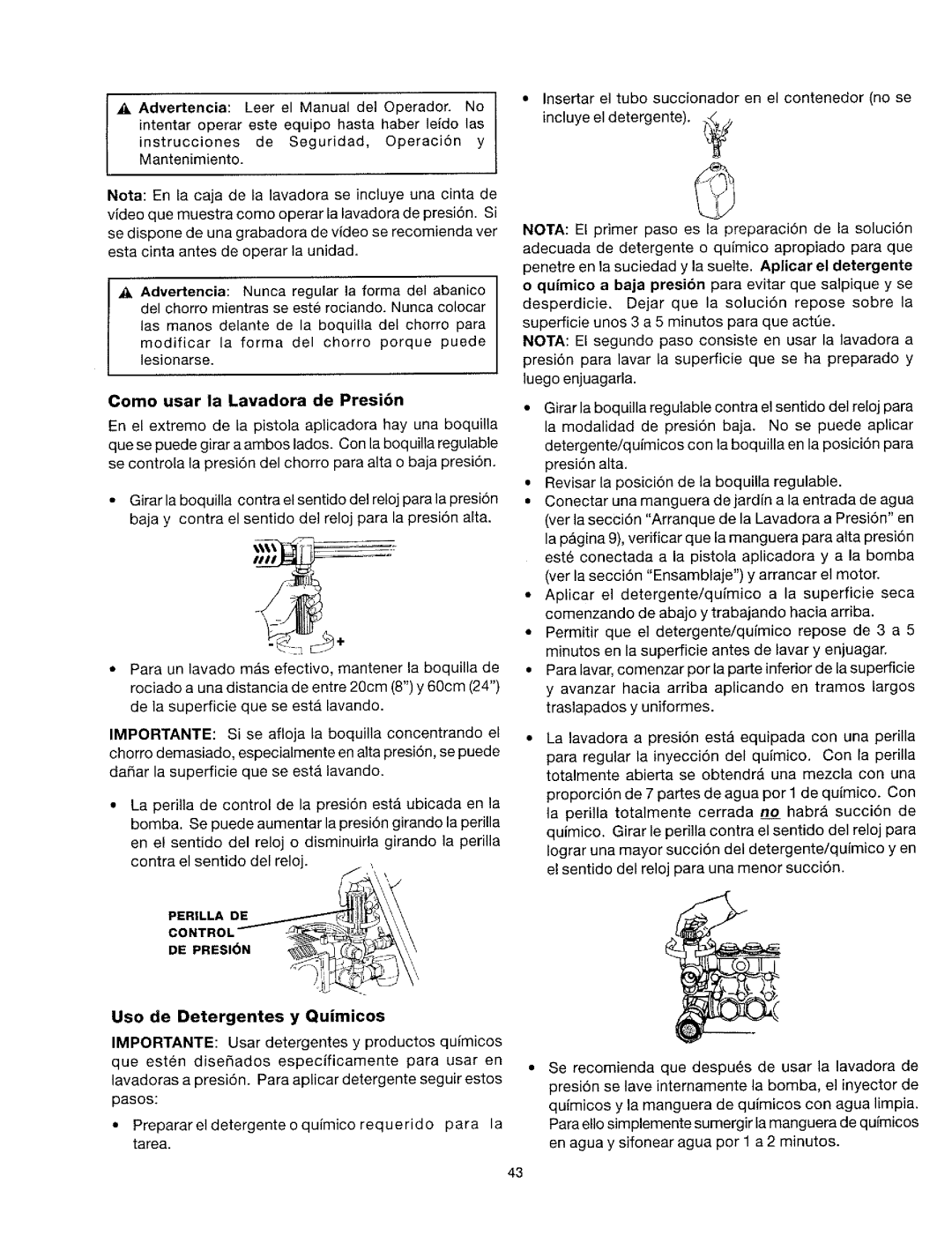 Craftsman 919.763010 owner manual Como usar la Lavadora de Presibn, Nota 