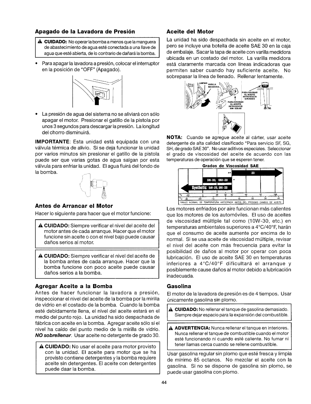 Craftsman 919.763010 Apagado de la Lavadora de Presi6n, Antes de Arrancar el Motor, Agregar Aceite a la Bomba, Gasolina 