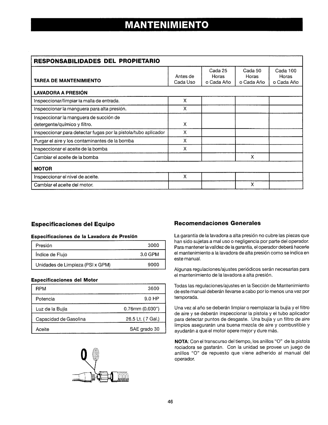 Craftsman 919.763010 owner manual Responsabilidades DEL Propietario, Especificaciones Del Equipo, Recomendaciones Generales 