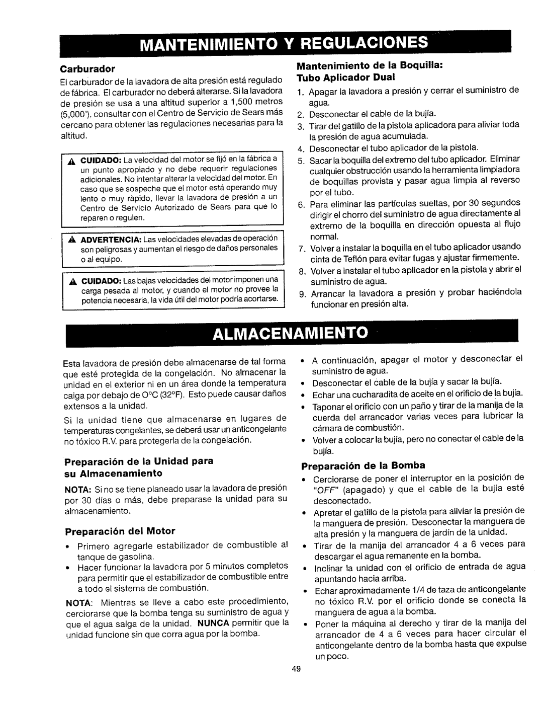 Craftsman 919.763010 owner manual Carburador, Preparacibn de la Unidad para su Almacenamiento, Preparacibn del Motor 