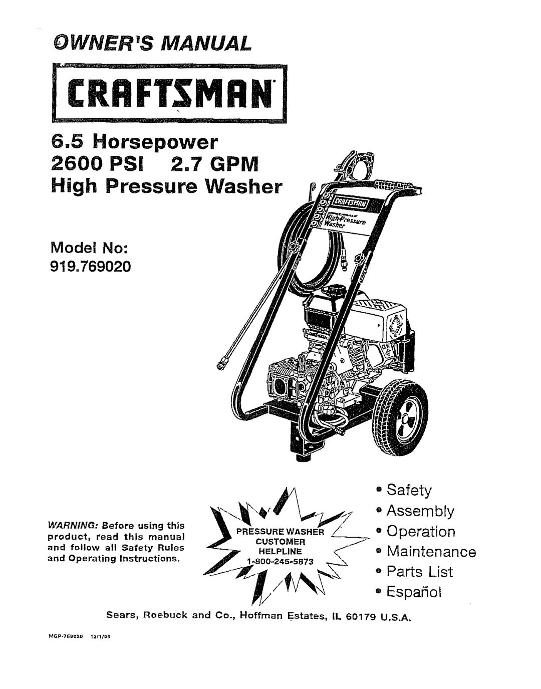 Craftsman 919.76902 manual Operating Instructions, Sears, Roebuck and Co., Hoffman Estates, IL 60179 U,S.A 