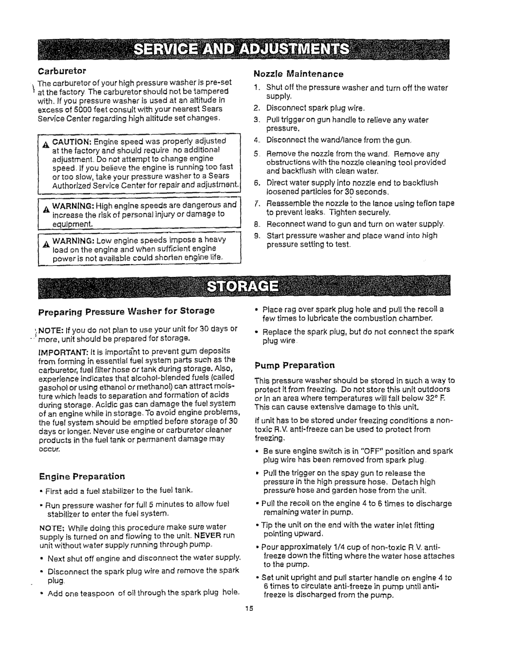 Craftsman 919.76902 manual Carburetor, Preparing Pressure Washer for Storage, Engine Preparation, Nozzle Maintenance 