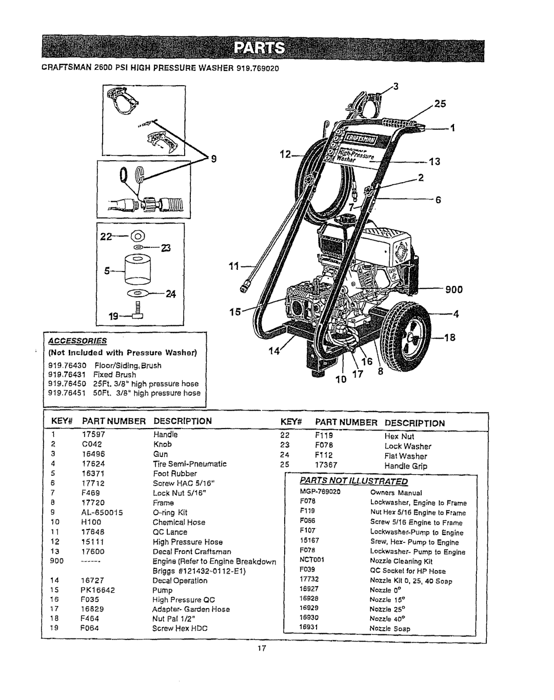 Craftsman 919.76902 manual 900, KEY# Part Number 