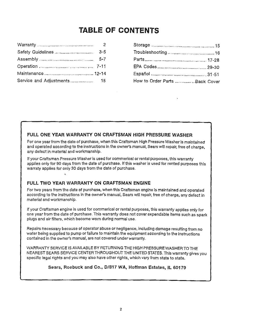 Craftsman 919.76902 manual Table of Contents 